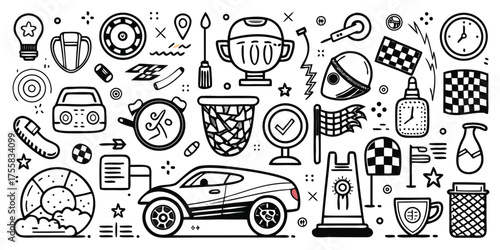 Collection of racing and sport elements including trophies cars flags and checkered patterns