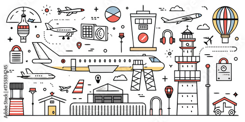 Airport elements collection with airplanes control towers hot air balloon and buildings