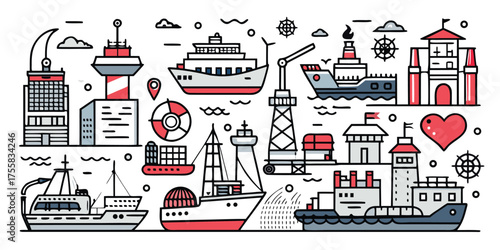 Nautical scene with ships lighthouses cranes and maritime symbols illustrated collection