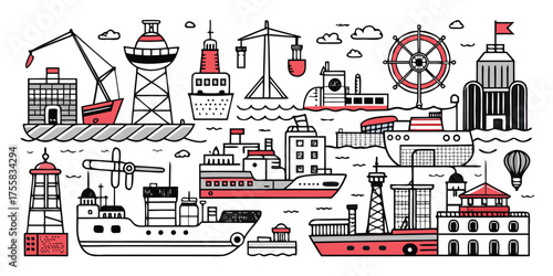 Diverse maritime harbor scene with ships cranes and lighthouses hand drawn sketch