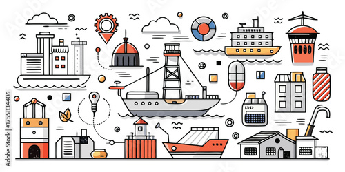 Montage of diverse transportation vehicles and maritime industry elements depicted in a sketchy style