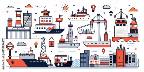 Global shipping and logistics scene with ships trucks cranes buildings and docks
