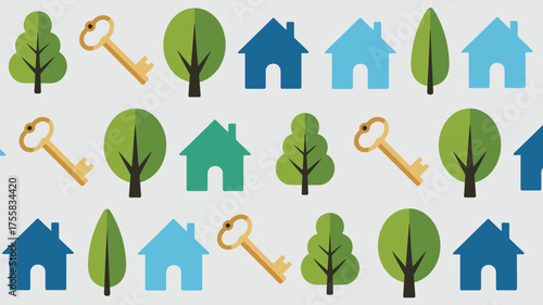 Pattern of trees houses and keys in various colors on a white background in a repeating arrangement
