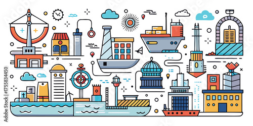 Diverse transportation and industrial scenes with buildings and vehicles awaiting delivery