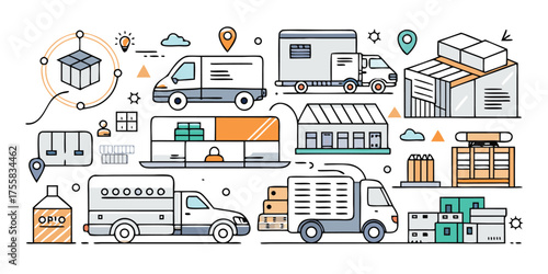 Diverse fleet of delivery trucks and shipping logistics elements in a sketch style