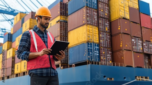 A worker in safety gear uses a tablet in front of stacked shipping containers at a loading dock.