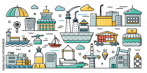 Colorful maritime scene with ships buildings lighthouse and cargo containers transportation icons
