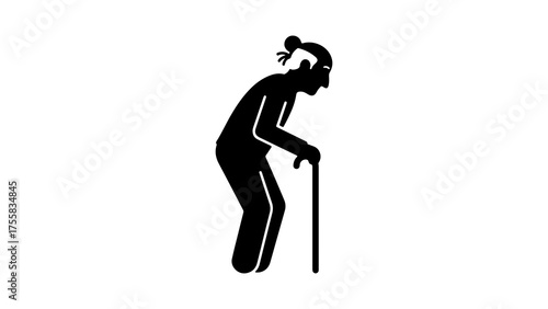Elderly person with walking cane with transparent background