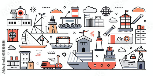 Diverse maritime and industrial transportation vehicles and facilities collection