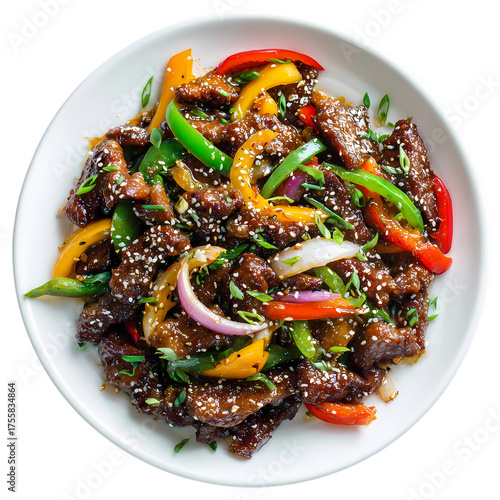 spicy basil beef stir-fry plated isolated on transparent background