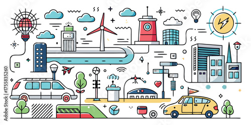 Creative collage of urban life transportation and renewable energy technologies