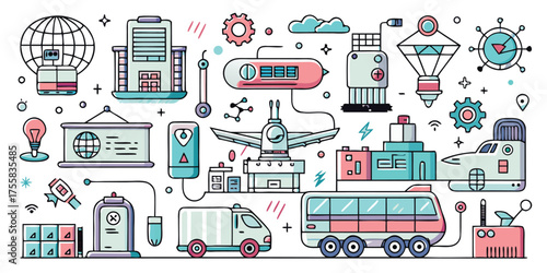Modern transportation and logistics icons representing global commerce and industry growth