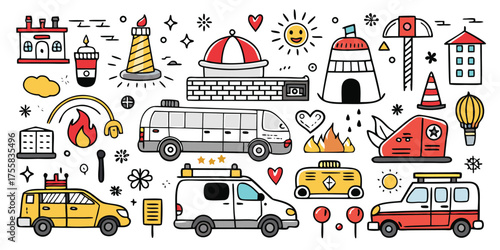 Collection of doodle-style vehicles lighthouses and travel elements