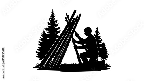 Man building shelter in forest with transparent background