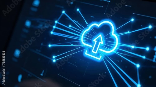 Finger activating cloud storage upload with vibrant digital interface animation showcasing modern data transfer and secure online backup solutions