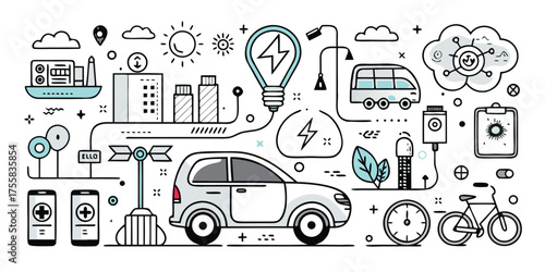 Diverse sustainable transportation and smart city elements concept art