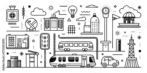 Diverse city transportation and urban elements doodle art style montage