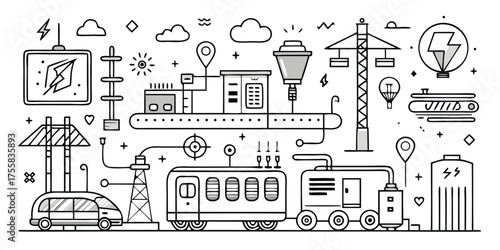 Modern urban transportation network featuring electric cars trains and infrastructure elements