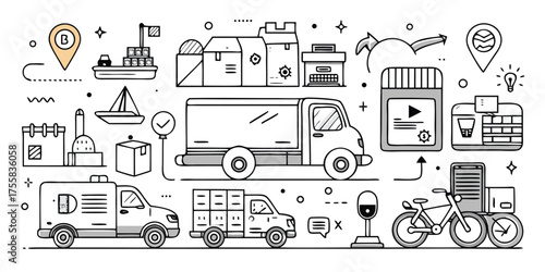 Delivery service concept with vans trucks bicycle and shipping icons for logistics solutions