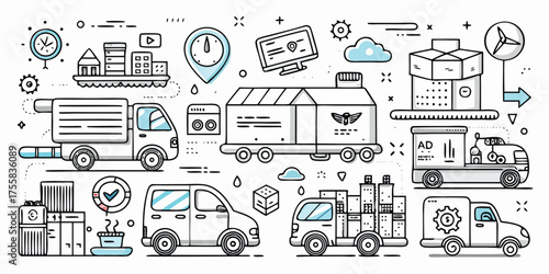 Diverse fleet of delivery vehicles and logistics icons showcasing transportation and shipping services
