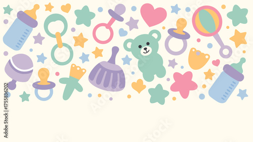 A pastel baby themed pattern featuring bottles pacifiers rattles stars hearts and a teddy bear illustration