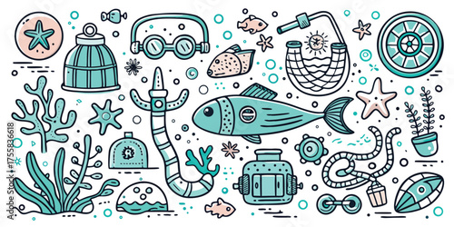 Whimsical underwater inventions and marine life doodle art collection