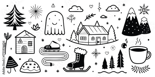 Whimsical hand-drawn winter scene icons featuring snowman cabin sled and hot drink