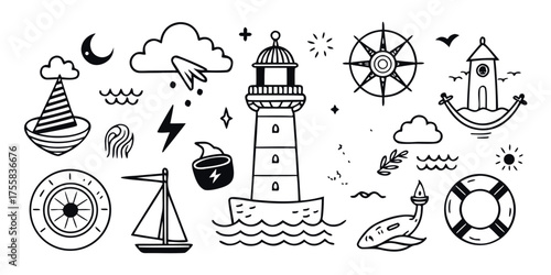 Nautical doodle collection with lighthouse sailboat compass and marine elements