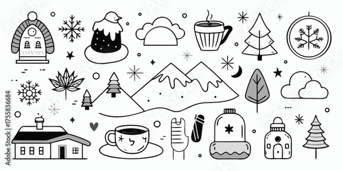 Cozy winter collection hand drawn icons of snowflakes houses trees and hot drinks for seasonal graphics