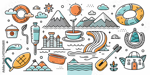 Collage of travel and leisure activities featuring mountains waterfalls and tea