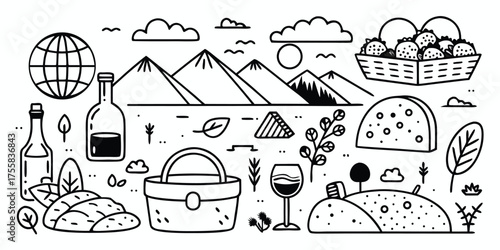 Whimsical picnic scene elements featuring mountains a globe and food items in line art style
