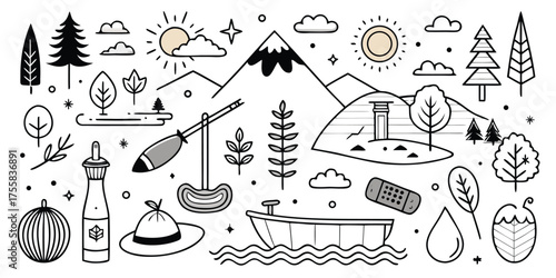 Whimsical outdoor adventure doodles featuring mountains nature camping and scenic elements