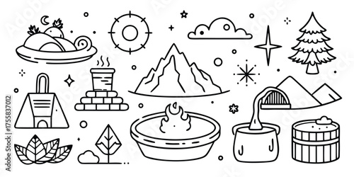 Winter resort icons collection outdoor activities snow mountain spa hot tub and camping elements