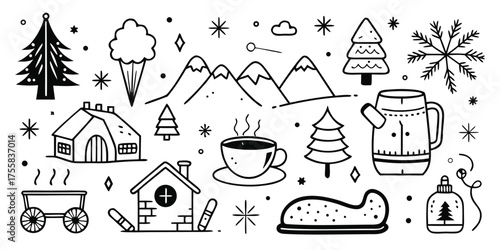 Charming winter scene doodle elements featuring snowy mountains houses trees and hot drinks