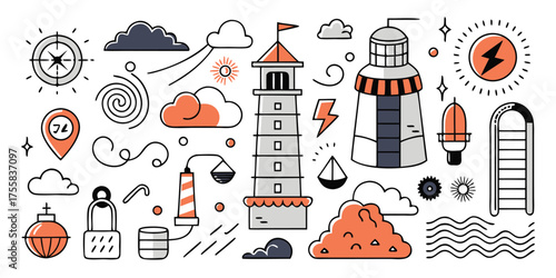 Nautical theme elements collection lighthouse compass waves clouds sailboat sun boat and more