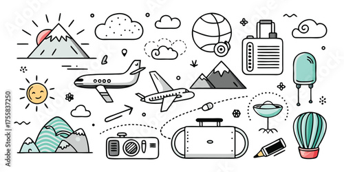 Collection of hand-drawn travel and adventure icons featuring mountains airplanes and luggage
