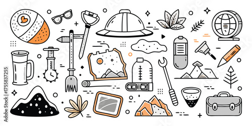 Outdoor adventure and exploration gear montage doodle art collection