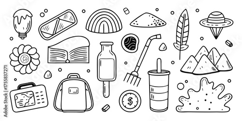 Hand-drawn doodle collection featuring everyday objects and whimsical elements