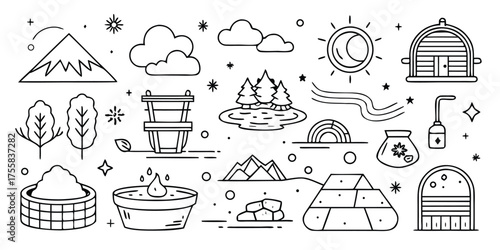 Eco-friendly living and nature icons abstract collage of outdoor and sustainable elements