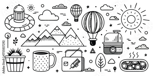Whimsical doodle collection of travel adventure elements and camping gear