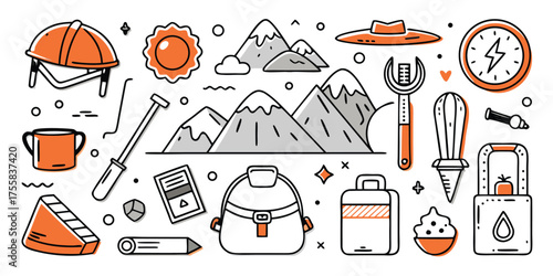 Outdoor adventure gear icons mountains backpack compass camping supplies collection
