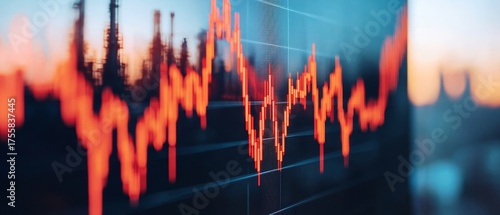 A vivid visualization of stock market trends, showcasing fluctuating graphs against an industrial backdrop at sunset.