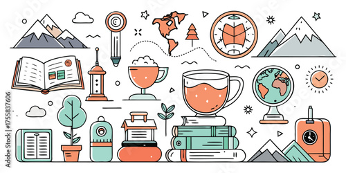 Creative collage of travel adventure education hobbies and cozy moments featuring books and tea