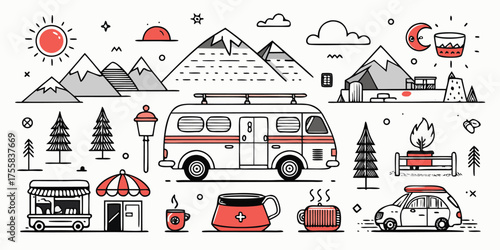 Adventure camping van and caravan car scene with mountains cabins trees and sun illustration