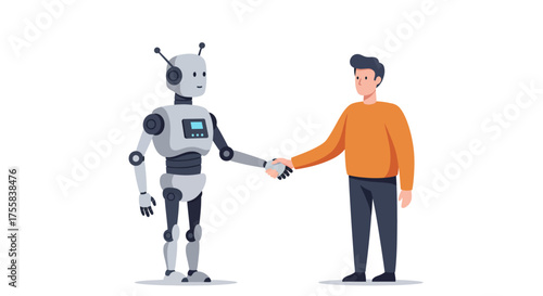 A person and a robot shaking hands, symbolizing collaboration and partnership in the field of technology.