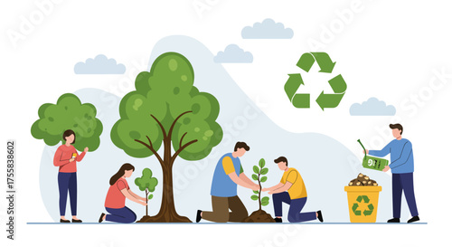 People planting trees and recycling waste to protect the environment and promote sustainability.