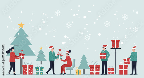 People exchanging gifts and celebrating Christmas with a decorated tree and snowflakes.