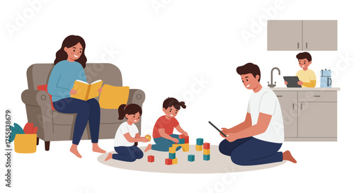 Family enjoying leisure time at home, with parents and children engaged in various activities.