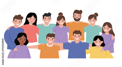 A diverse group of people standing together, embracing each other, and showing unity and friendship.