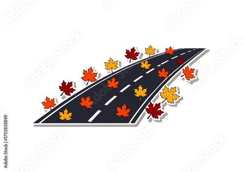 An illustration of a winding asphalt road with colorful autumn maple leaves scattered along the path, symbolizing a fall journey or travel concept